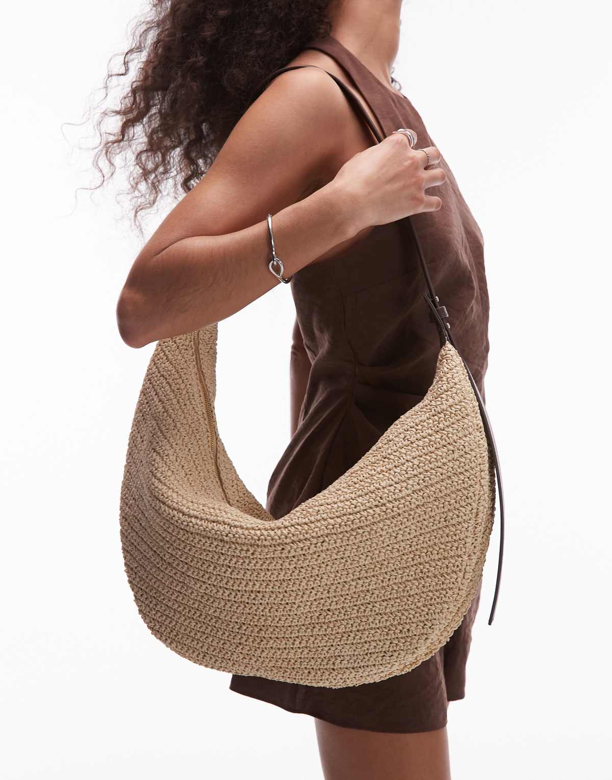 ARKET straw curved slouchy shoulder bag with black leather details in light neutral
