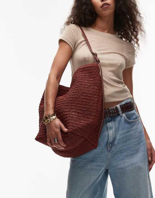 ARKET straw shopper tote bag with adjustable strap in rust brown