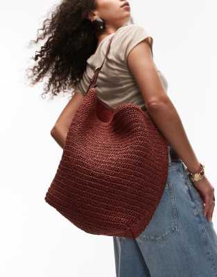 straw tote bag with adjustable strap in burgundy-Orange