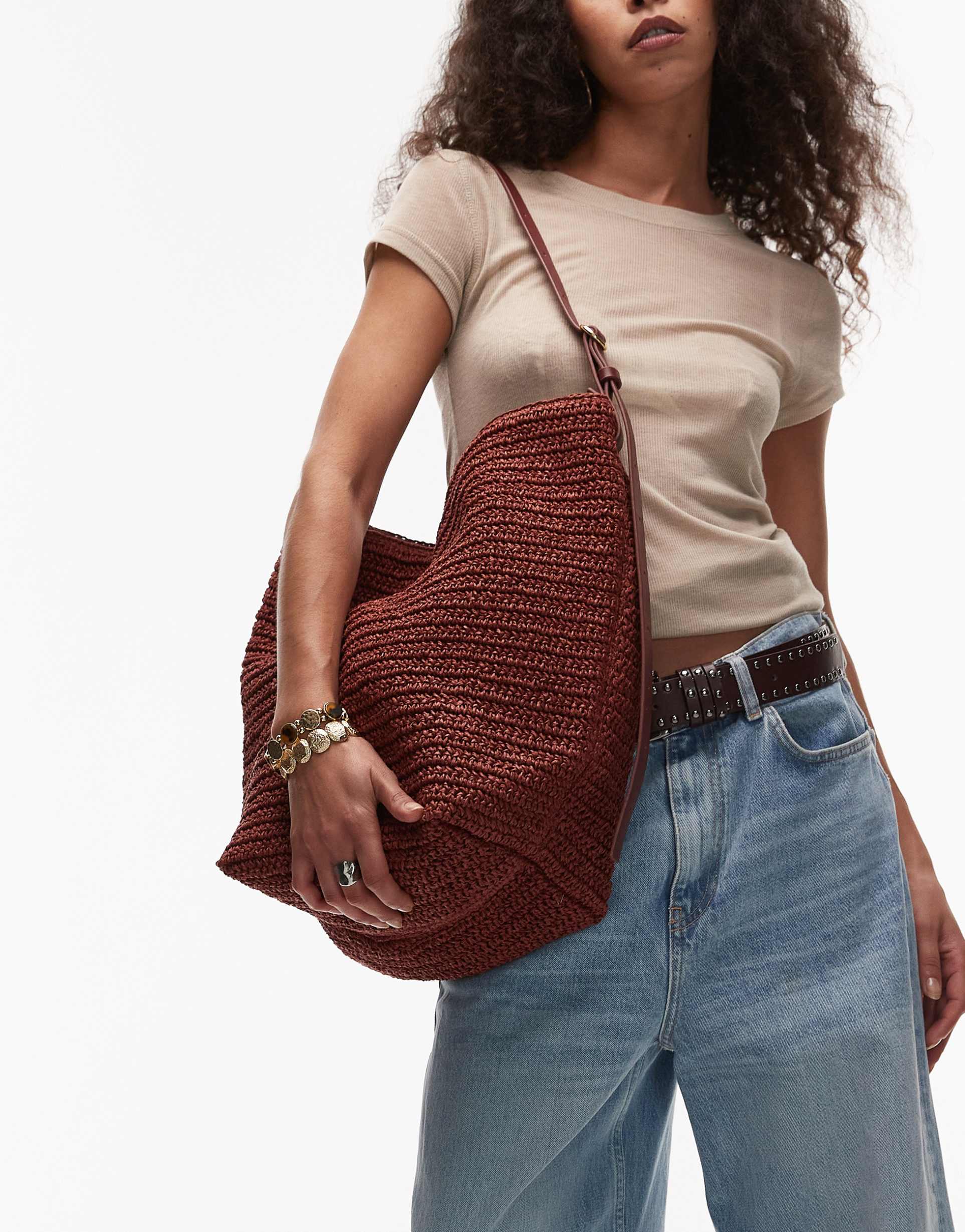 arket straw tote bag with adjustable strap in burgundy