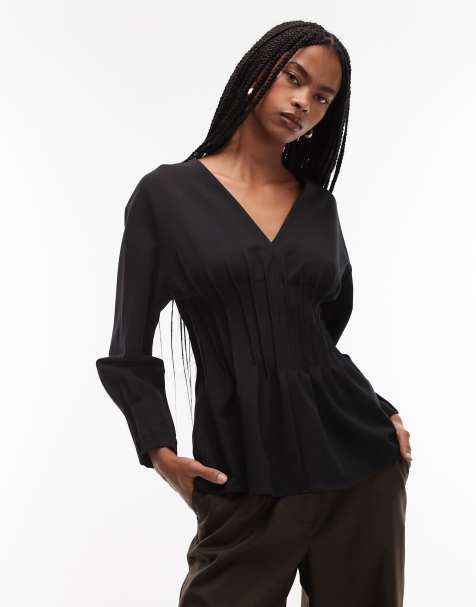 ARKET stretch blouse with pleated corset waist in black - view 1