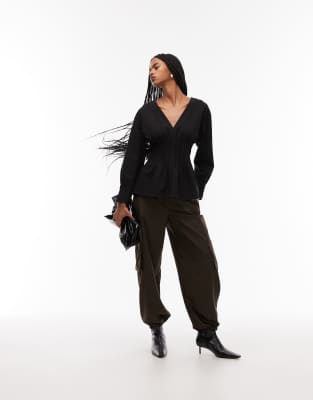 Arket Stretch Blouse With Pleated Corset Waist In Black
