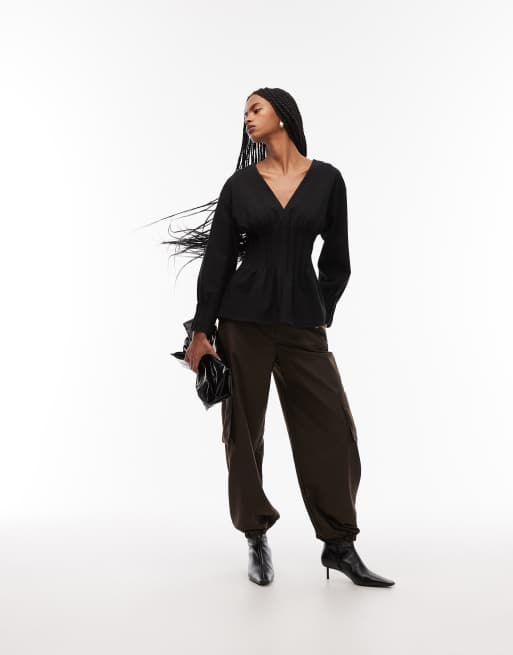 ARKET stretch blouse with pleated corset waist in black, 2 of 4