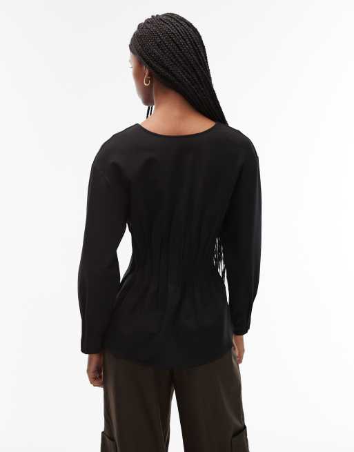 ARKET stretch blouse with pleated corset waist in black, 4 of 4
