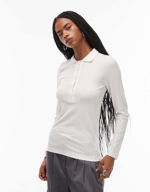 ARKET stretch jersey rib top with deep placket polo collar in white