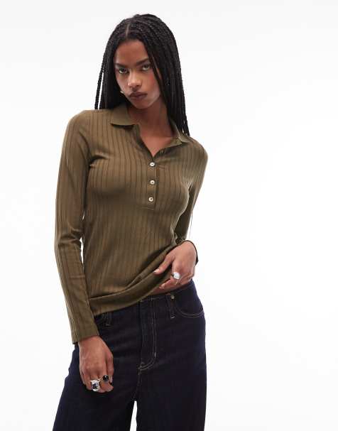 ARKET stretch jersey ribbed top with deep placket polo collar in khaki green - view 1