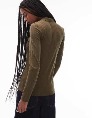 Arket Stretch Jersey Ribbed Top With Deep Placket Polo Collar In Green
