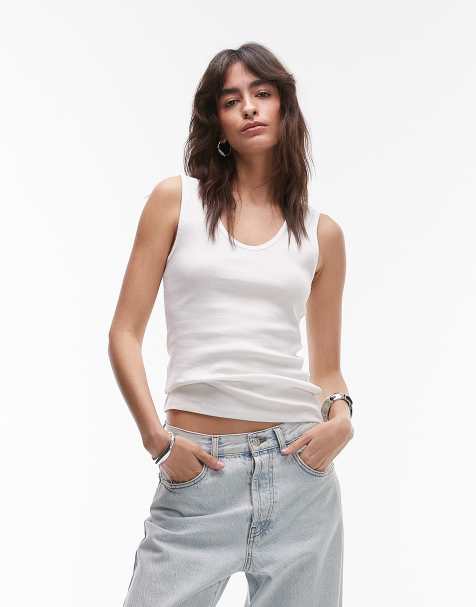 ARKET stretch rib jersey fitted vest top with scoop neck  in white - view 1