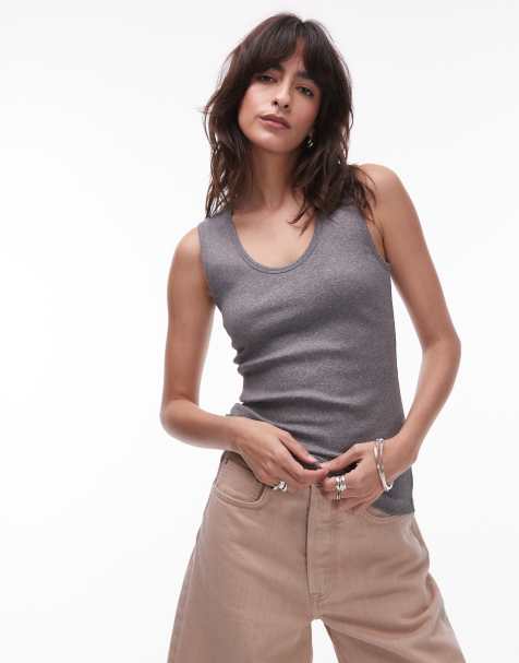 ARKET stretch rib knit jersey fitted tank top with scoop neck in heather gray - view 1