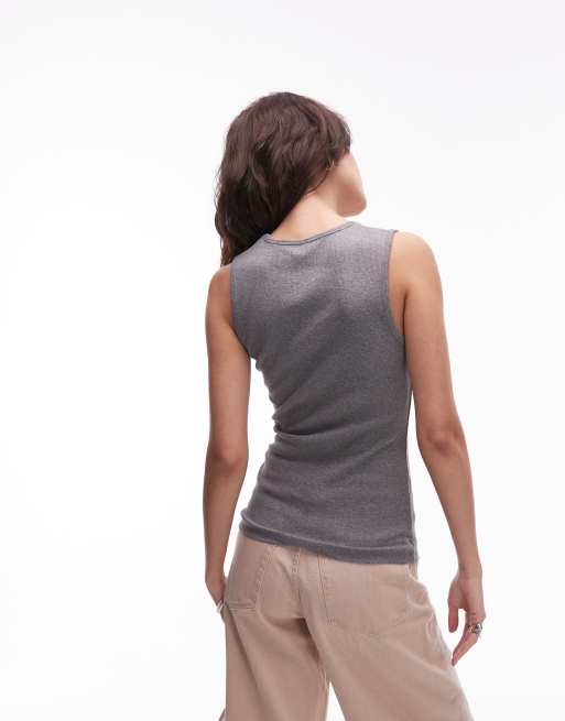 ARKET stretch rib knit jersey fitted tank top with scoop neck in heather gray, 4 of 4