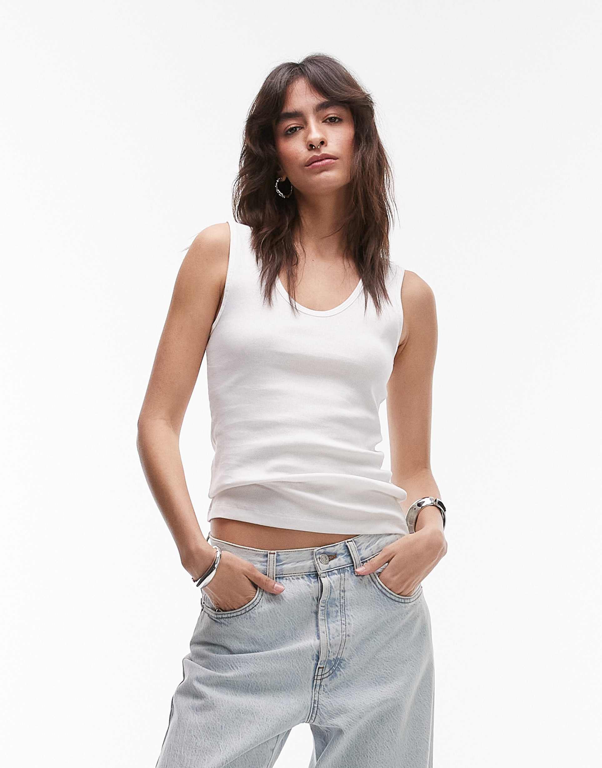 arket stretch ribbed jersey fitted tank top with scoop neck in white