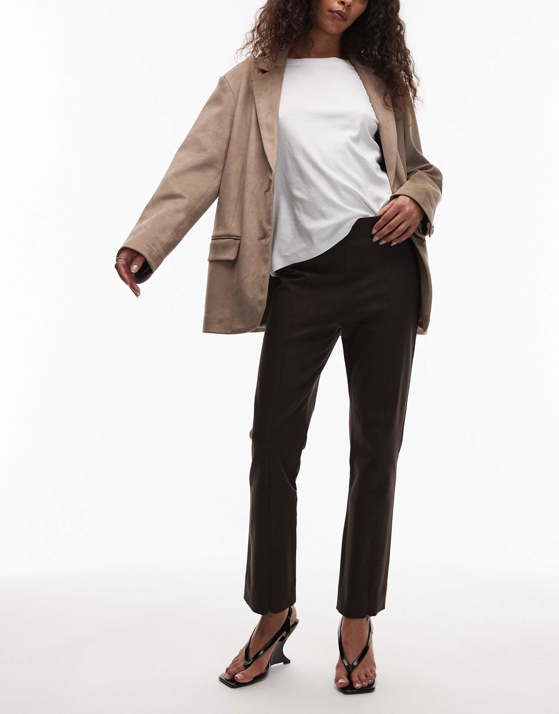 arket stretch slim leg pants with front seam detail in brown