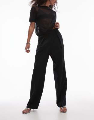 stretch wool blend tailored straight leg pants in black