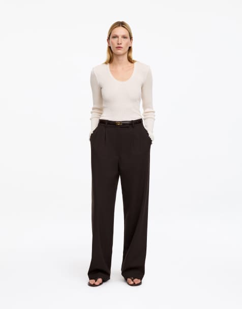 ARKET stretch wool tailored straight leg trousers in dark brown - view 1
