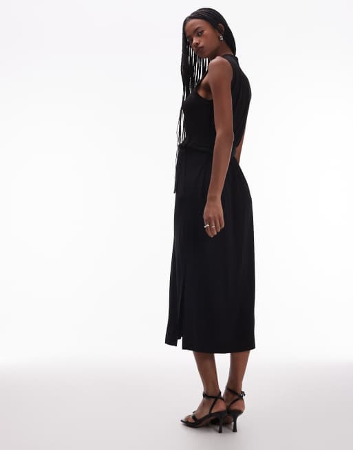 ARKET stretchy henley sleeveless midi dress with belt in black, 2 of 4