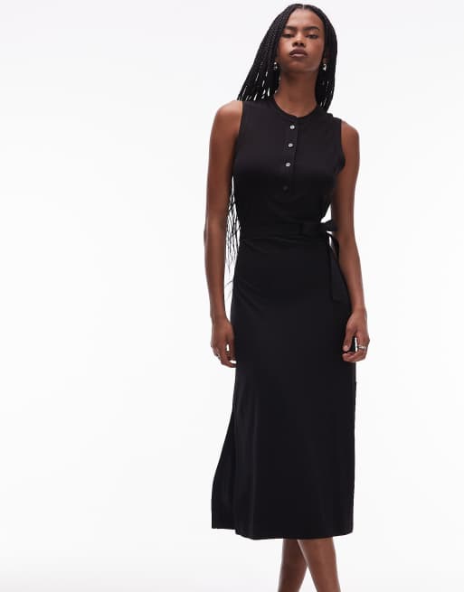 ARKET stretchy henley sleeveless midi dress with belt in black, 3 of 4