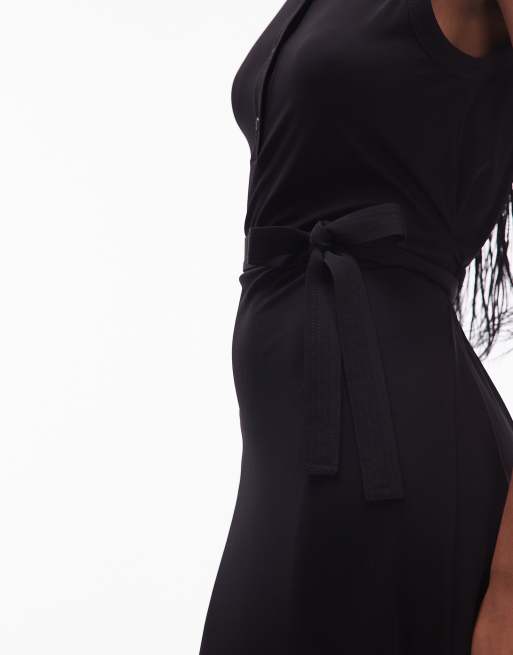 ARKET stretchy henley sleeveless midi dress with belt in black, 4 of 4
