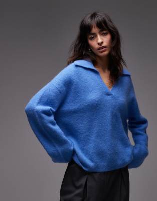 ARKET - Strickpullover aus Alpakawollmix mit Polokragen in Hellblau-Schwarz
