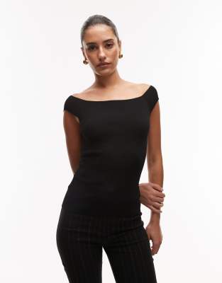 ASOS DESIGN gathered short sleeve off shoulder mesh top in black 