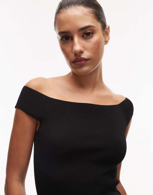 ARKET structured knit off shoulder top with sweetheart neckline in black, 3 of 4