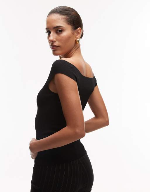 ARKET structured knit off shoulder top with sweetheart neckline in black, 4 of 4