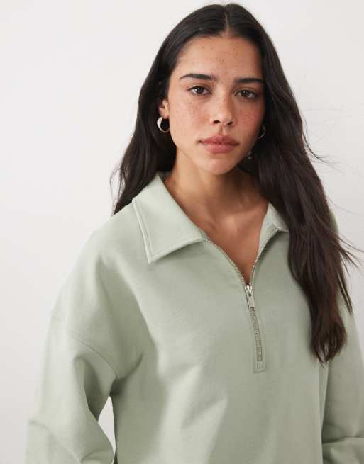 ARKET - sudadera de algodón de manga larga con media cremallera en verde, 3 de 4