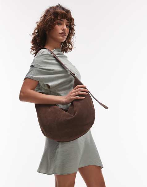 ARKET suede curved slouchy shoulder bag in chocolate brown - view 1