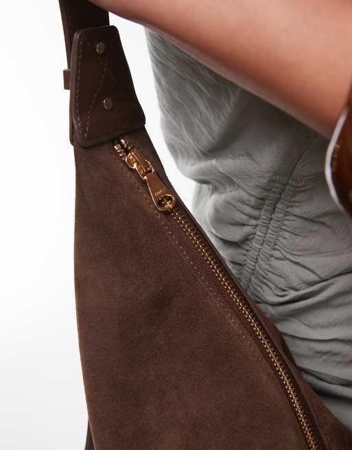 ARKET suede curved slouchy shoulder bag in chocolate brown