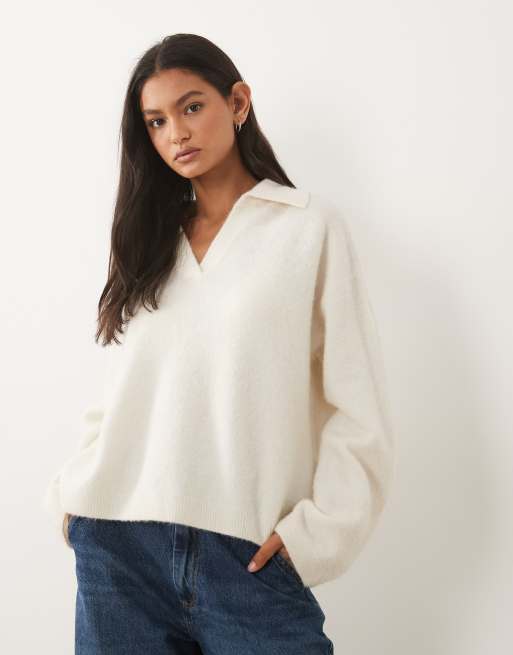 ARKET super soft alpaca wool blend polo jumper in off white, 2 of 4