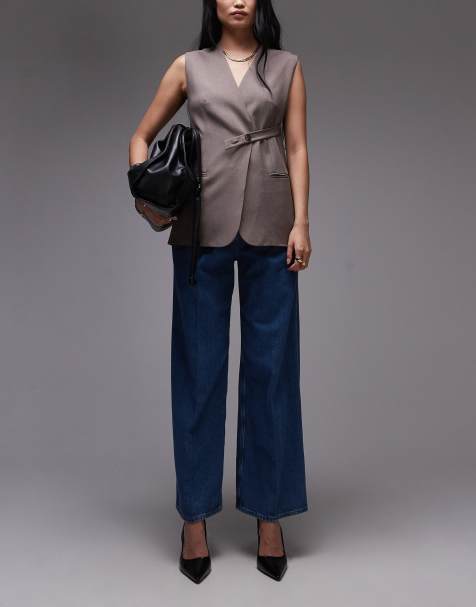 ARKET super soft  denim wide leg trousers with tailored waistband and pleat front in mid wash blue - view 1