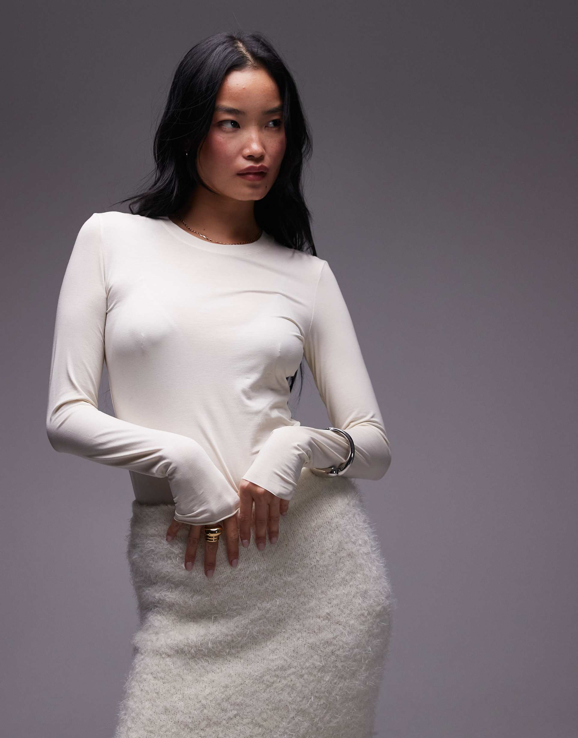 arket super stretch jersey close fit top with long sleeves in off white