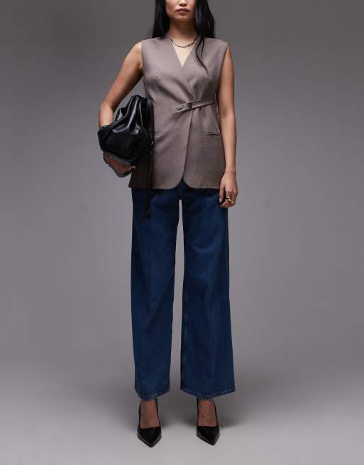 ARKET - Superzachte denim broek met wijde pijpen, getailleerde tailleband met plooien aan de voorkant in mid-wash blauw