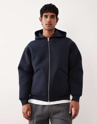 ARKET - Sweat à capuche zippé en pur coton - Bleu foncé en tissu façon néoprène-Bleu marine