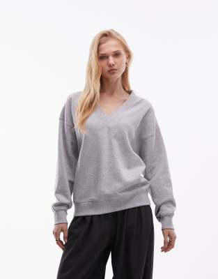 ARKET - Sweat oversize en pur coton à col V - Gris chiné