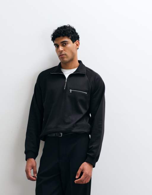 ARKET - Sweat-shirt en coton majoritaire à col cheminée zippé - Noir, 2 de 5
