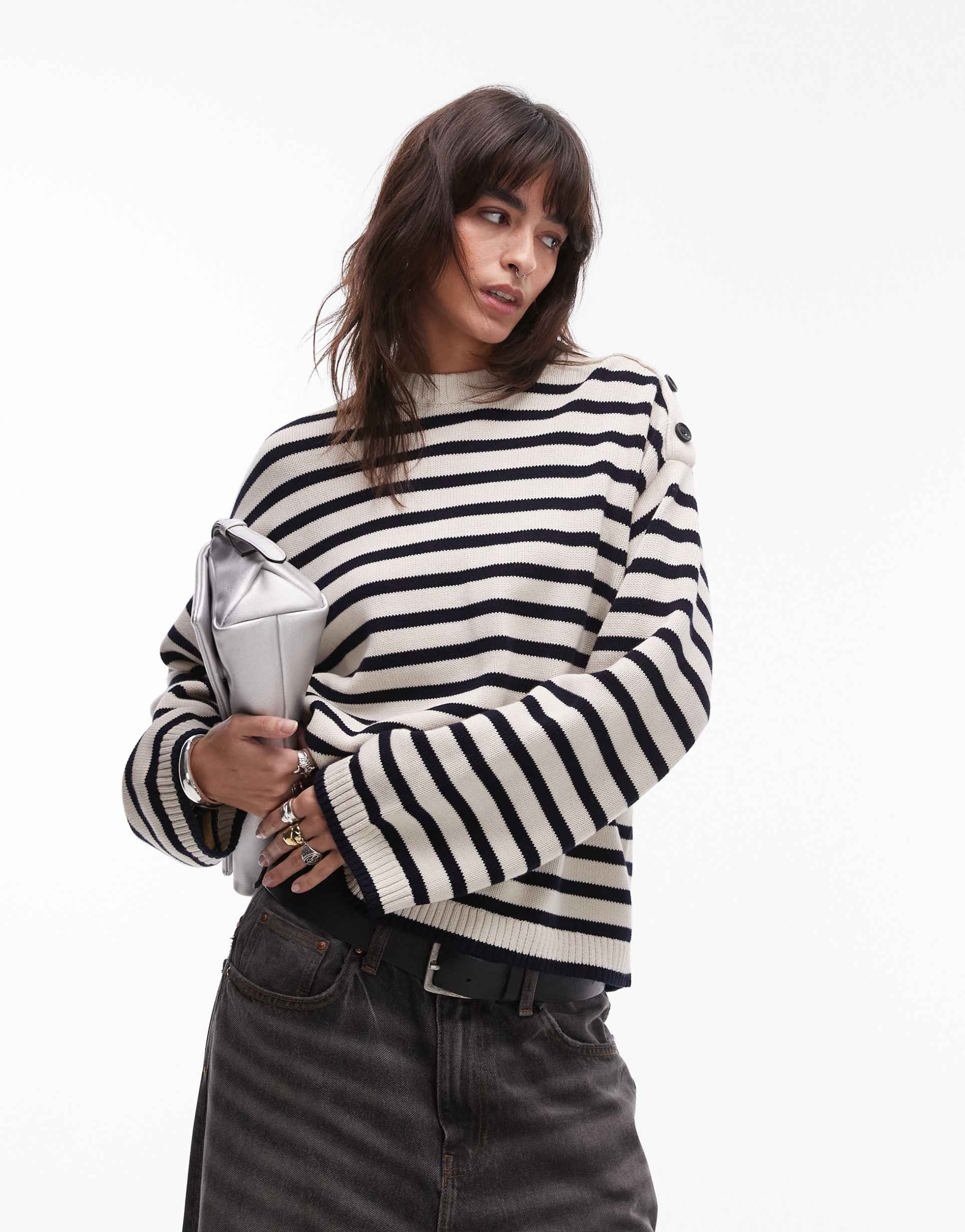 arket sweater with wide sleeves in black and off white stripe