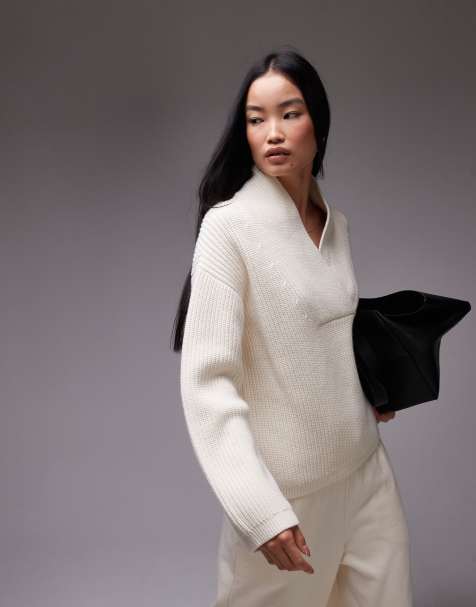 ARKET wool blend rib oversized sweater with shawl collar in off white
