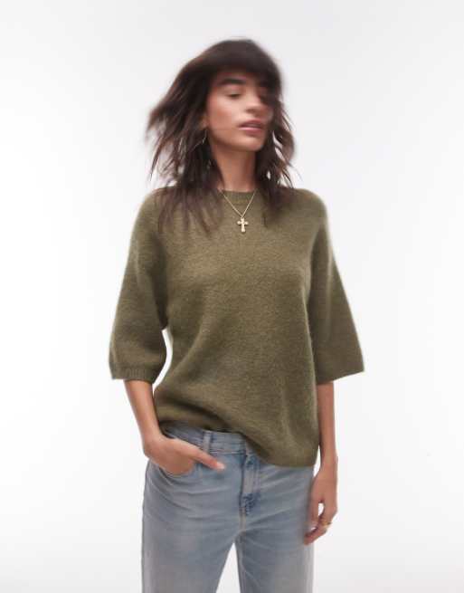 ARKET – Sweter z krótkim rękawem z mieszanki wełny i wełny alpaki w kolorze khaki