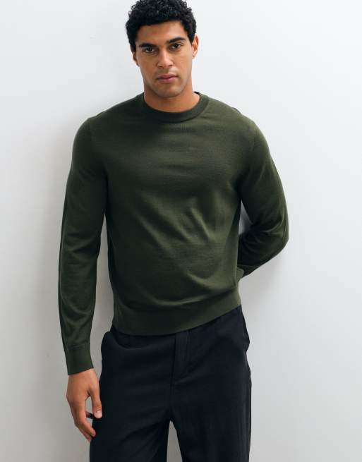 ARKET sweter z wełny merynosów z okrągłym dekoltem w kolorze khaki, 4 z 5