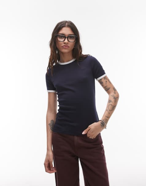 ARKET - T-shirt blu navy in jersey a coste con bordi a contrasto - view 1