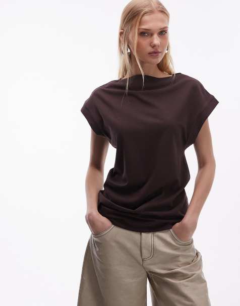 ARKET - T-shirt drappeggiata a maniche corte marrone cioccolato - view 1