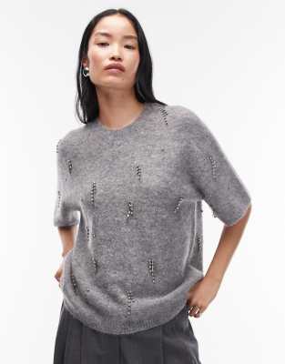 T-shirt en maille à strass - Gris M