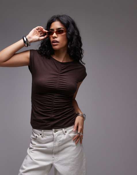 ARKET – T-Shirt in Braun mit hohem Baumwollanteil und geraffter Stretch-Naht - view 1