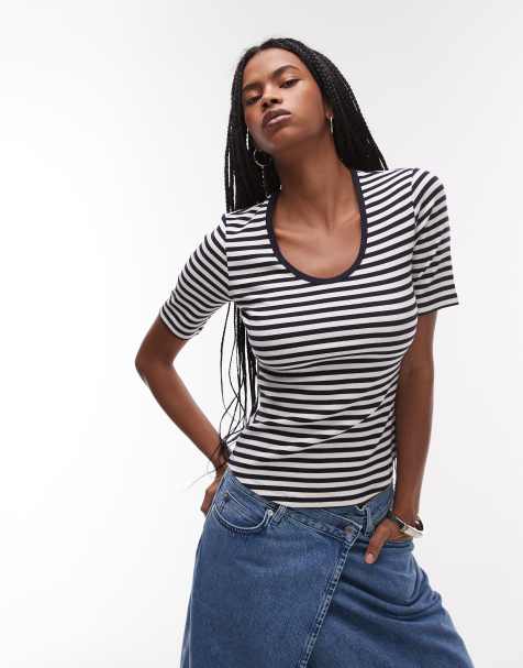ARKET - T-shirt in jersey blu a righe a coste con scollo rotondo - view 1