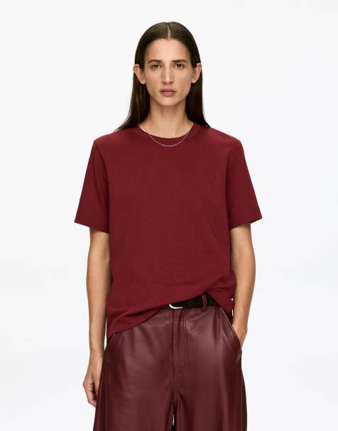 ARKET - T-shirt manches courtes en maille interlock de coton épais stretch - Bordeaux - view 1