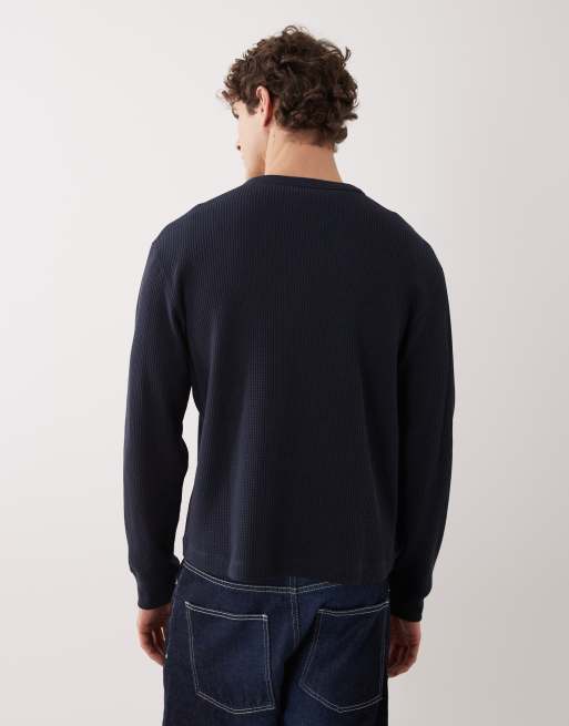 ARKET - T-shirt met lange mouwen en wafelstructuur in marineblauw, 3 van 5