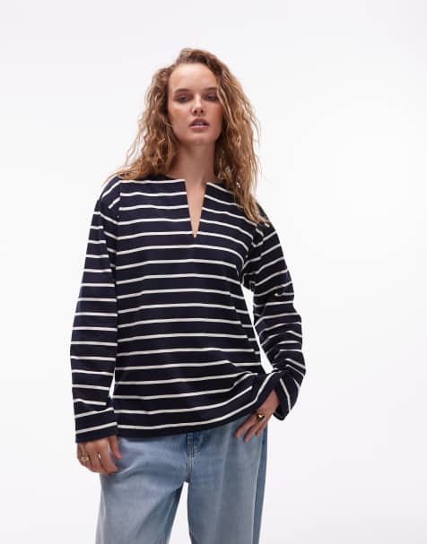 ARKET - T-shirt oversize a maniche lunghe blu navy e bianca a righe in jersey con scollo a V aperto e spacchi laterali - view 1