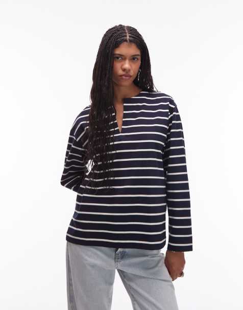 ARKET - T-shirt oversize en jersey rayé avec manches longues, col en V et ourlets fendus - Blanc/bleu marine - view 1