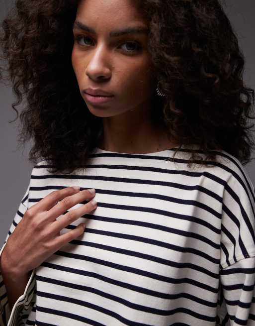 ARKET - T-shirt oversize en jersey rayé avec manches longues et ourlet fendu - Blanc/bleu, 2 de 4
