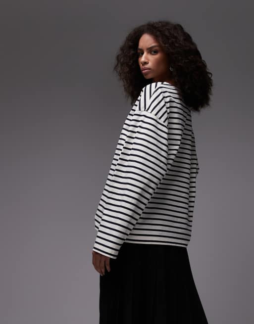 ARKET - T-shirt oversize en jersey rayé avec manches longues et ourlet fendu - Blanc/bleu, 3 de 4